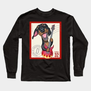 Cute Doxie playing guitar on vintage postage stamp Long Sleeve T-Shirt